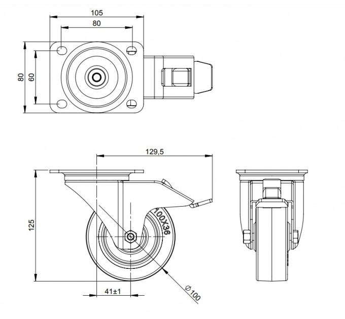 Adam Hall Hardware 372191 Поворотне колесо 100 мм із синім колесом і гальмом